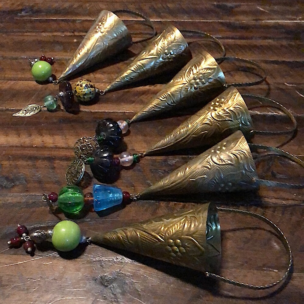 6 Large Unique holders ornaments, Brass & Glass Beads, Vintage